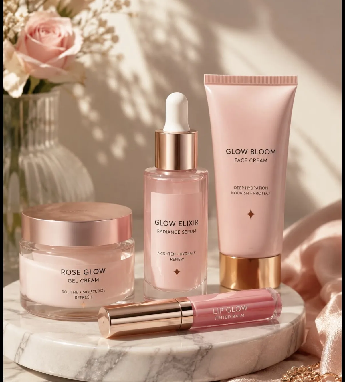 Rinova skincare essentials arranged for a gentle daily ritual